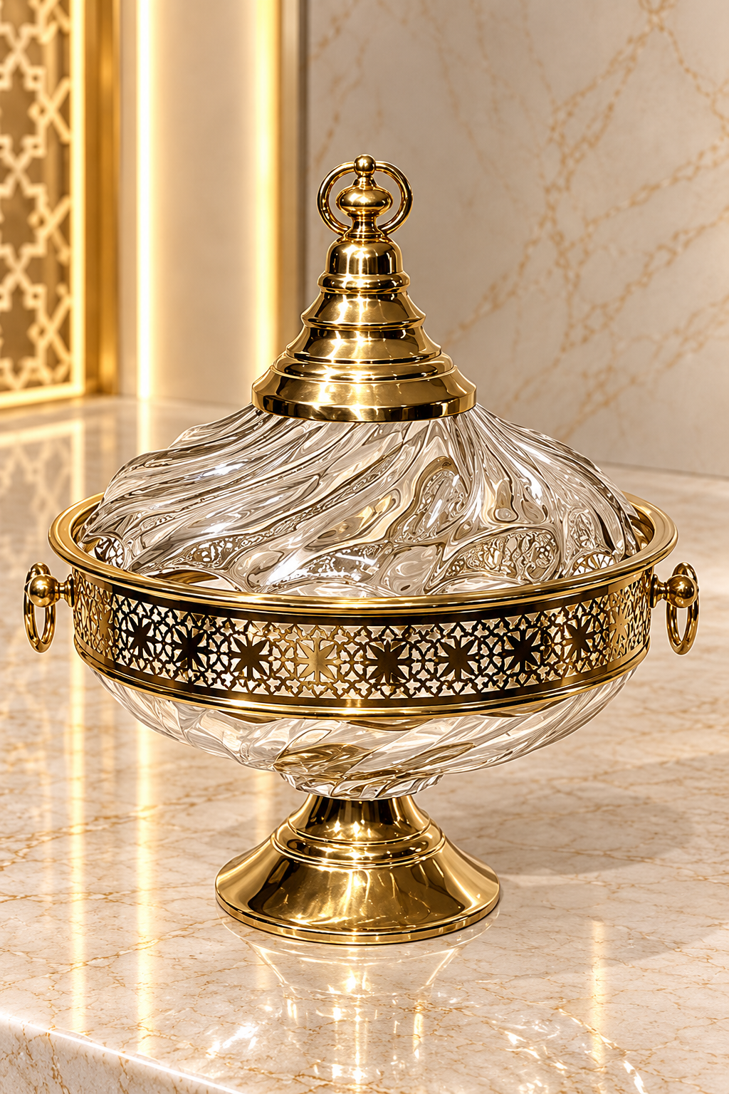 Grand Tajine en Cuivre et Cristal – Élégance Multifonction pour Service et Décoration