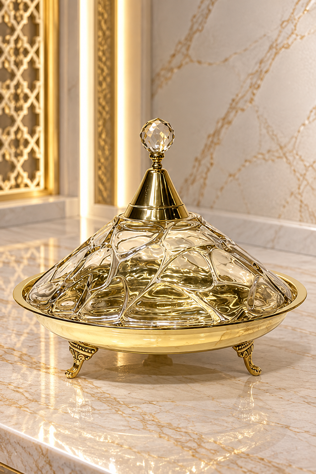 Tajine Cloche en Cuivre et Cristal – Élégance Unique pour Présentation et Décoration