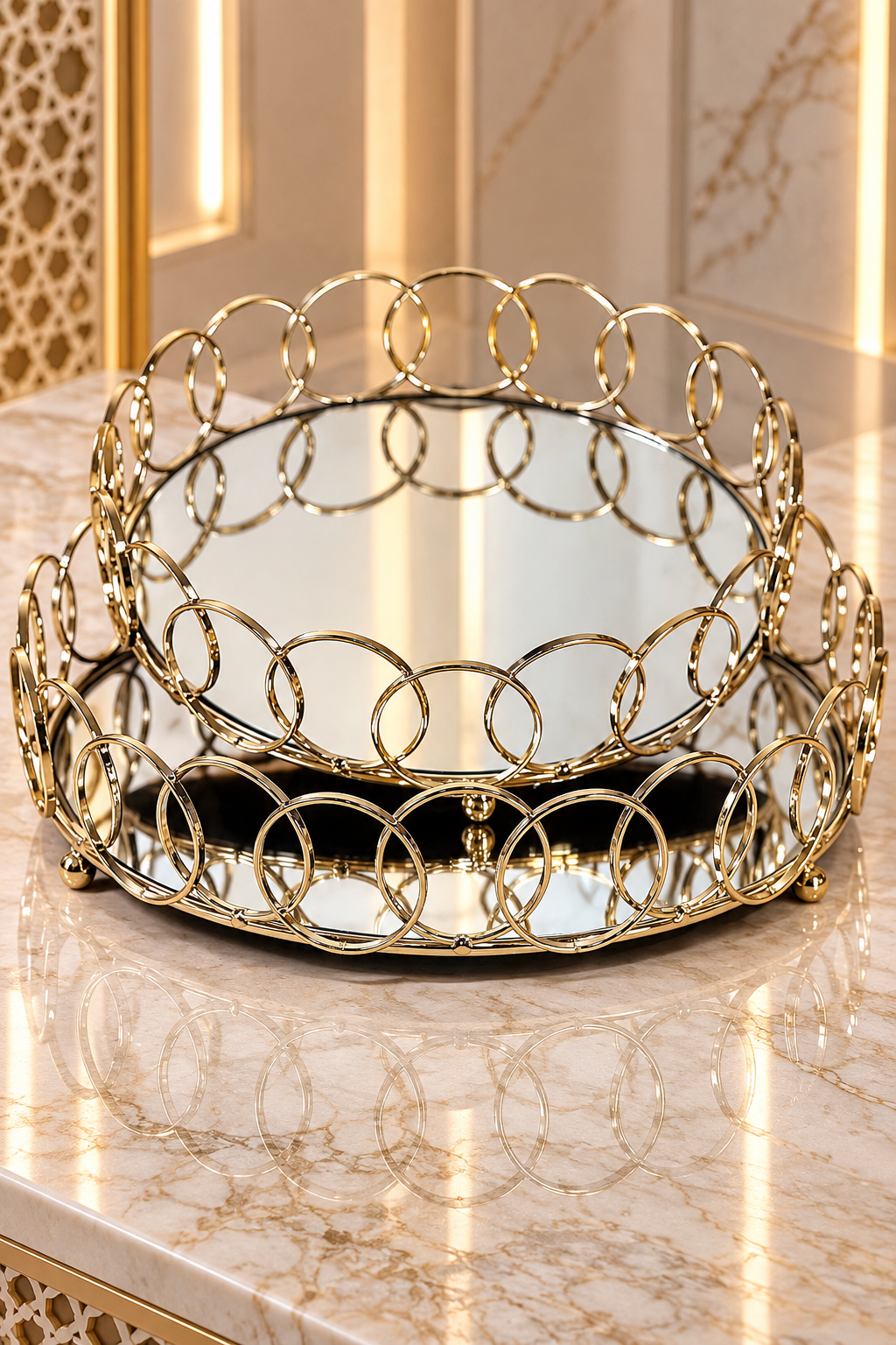 Ensemble de 2 plateaux ronds Miroir Dorés