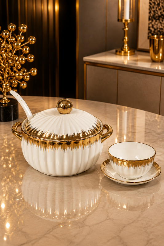 Élégant Service à Soupe en Blanc et Doré – 14 Pièces Complètes