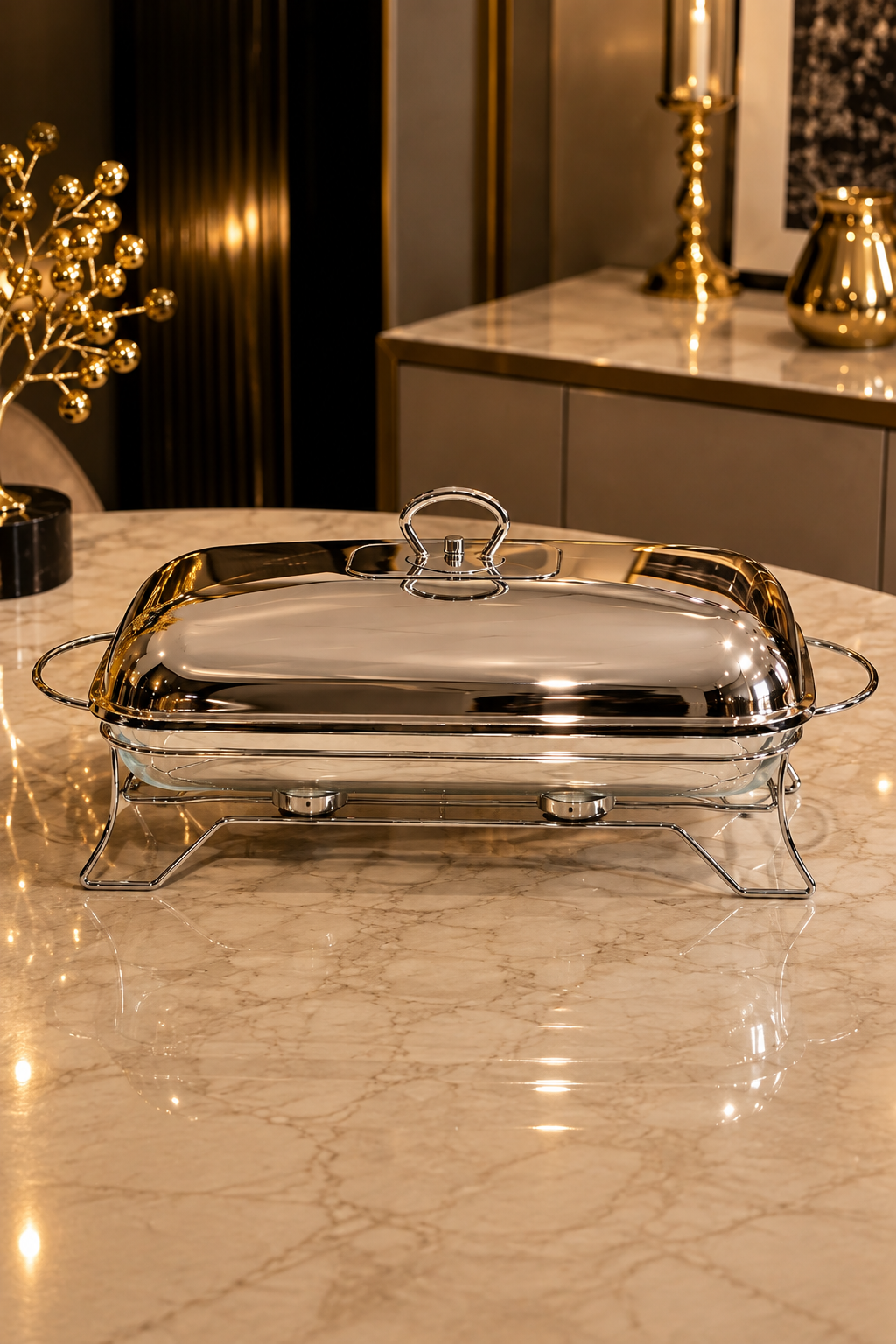 Tajine Rectangulaire en Verre avec Support et Couvercle en Acier Inoxydable – Design Moderne et Pratique