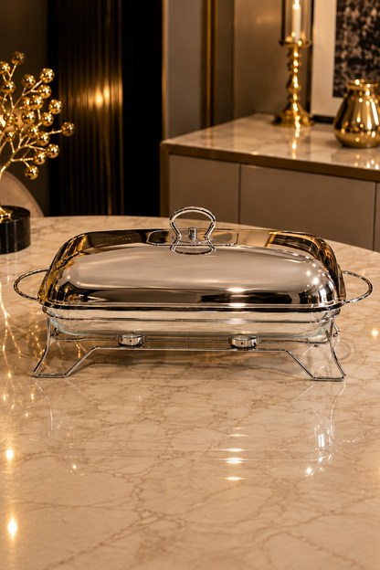 Tajine Rectangulaire en Verre avec Support et Couvercle en Acier Inoxydable – Design Moderne et Pratique