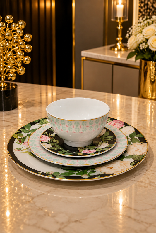 Service de Table 24 Pièces Très Chic – Porcelaine Noir, Blanc et Vert