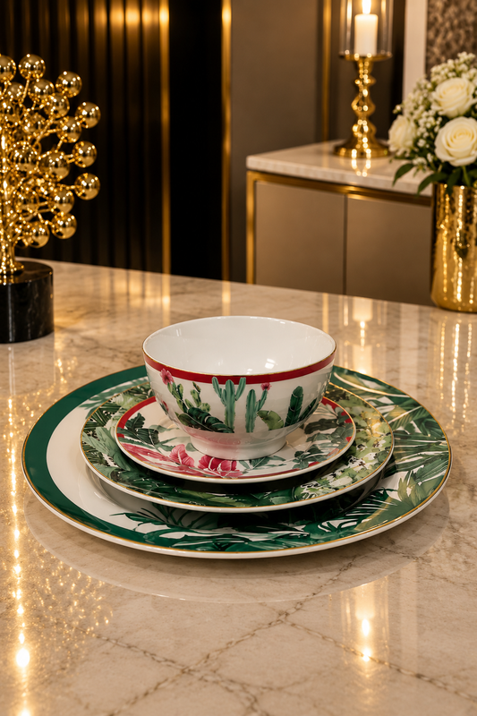 Service de Table 24 Pièces Très Chic – Porcelaine Vert, Blanc et Rouge