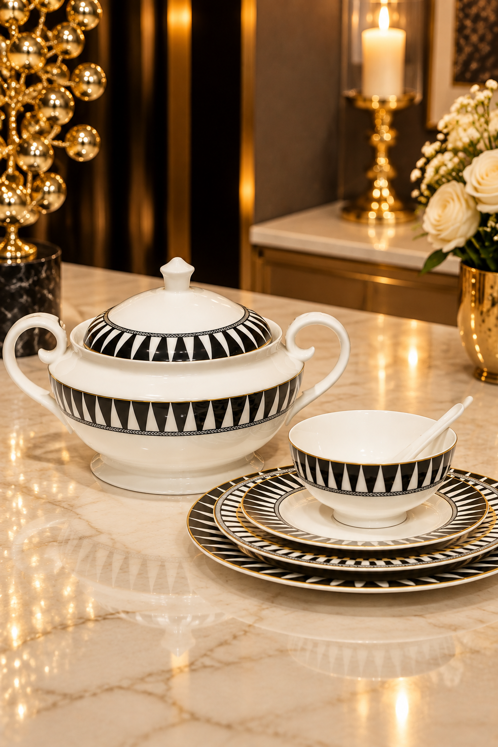 Service de Table 33 Pièces – Élégance Noir & Blanc pour Vos Réceptions