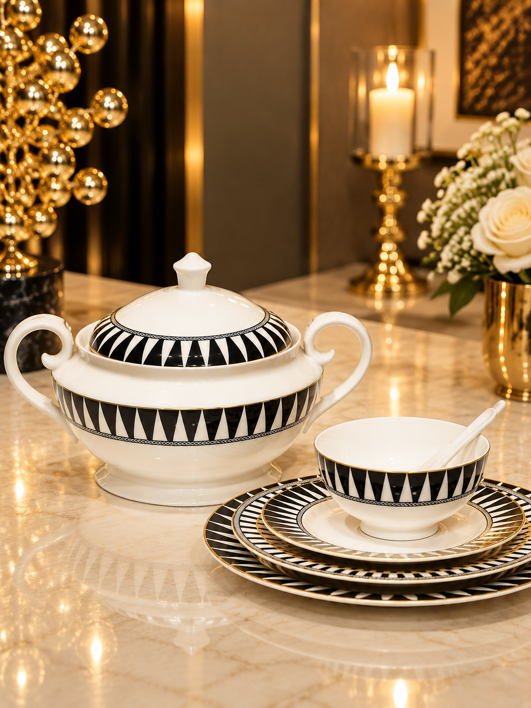 Service de Table 33 Pièces – Élégance Noir & Blanc pour Vos Réceptions