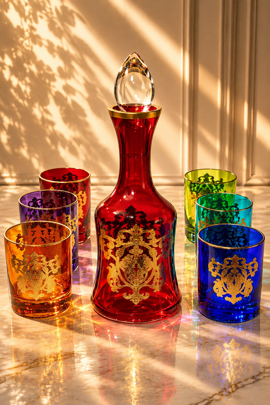 Coffret Carafe Rouge & 6 Verres Cristallisés – Finitions Dorées de Luxe