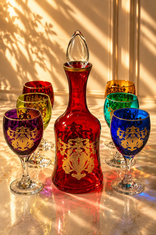 Coffret Carafe Rouge & 6 Verres Cristallisés – Finitions Dorées de Luxe