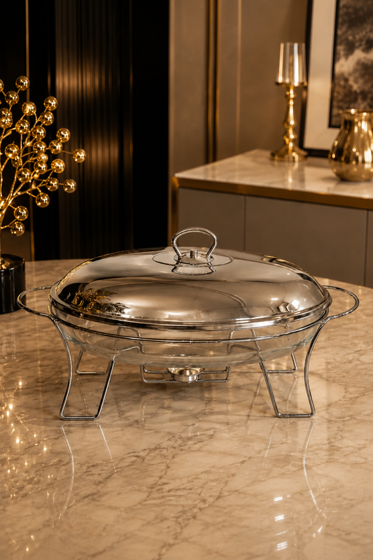 Tajine Ovale en Verre avec Support et Couvercle en Acier Inoxydable – Élégance et Fonctionnalité