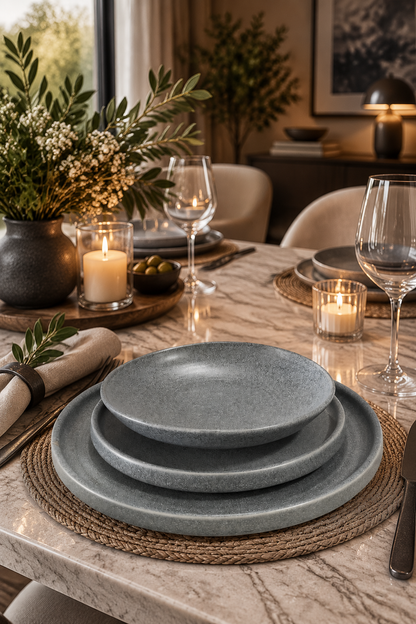 Service de Table Velya® 18 Pièces en Gris Pierre – Porcelaine Turque Premium