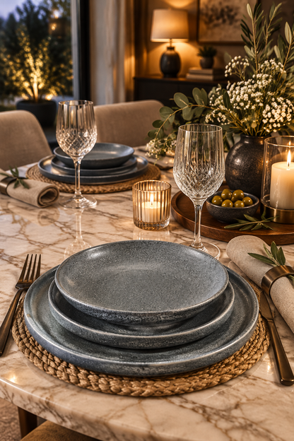 Service de Table Velya® 18 Pièces en Gris Pierre – Porcelaine Turque Premium