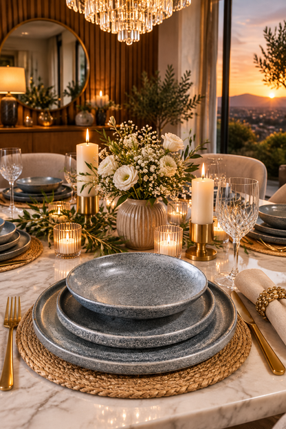Service de Table Velya® 18 Pièces en Gris Pierre – Porcelaine Turque Premium