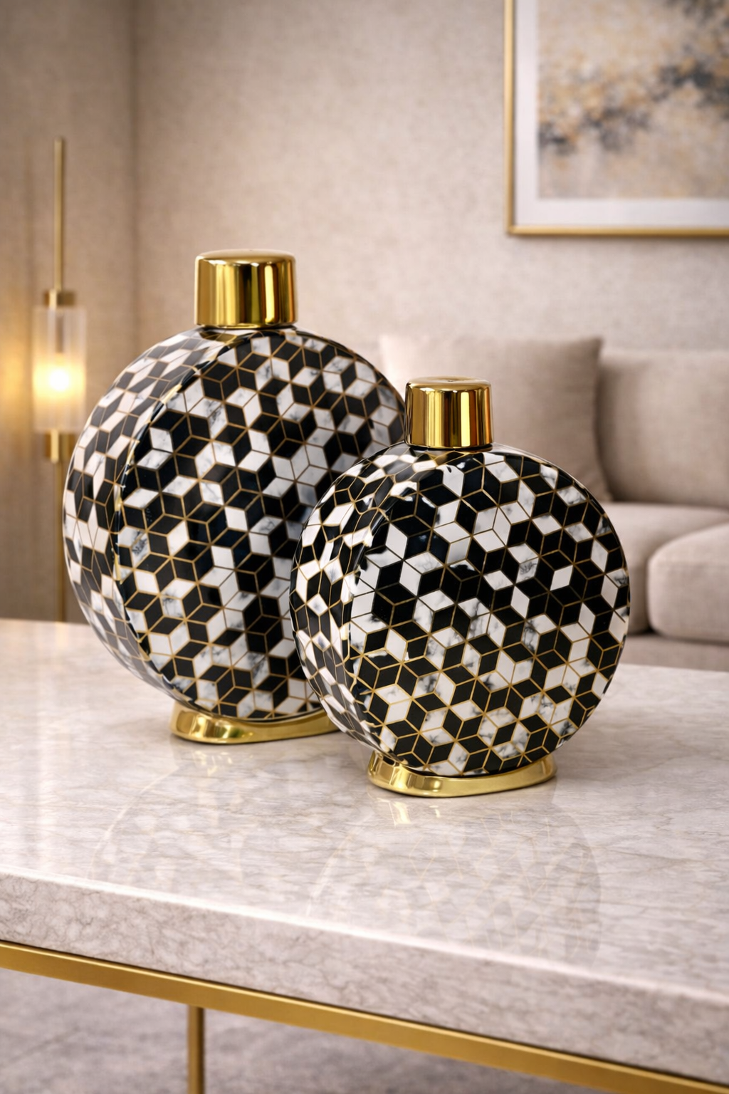 Duo de Vases Ronds Géométriques – Élégance Moderne en Noir, Blanc et Doré
