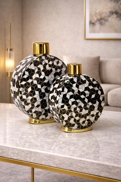 Duo de Vases Ronds Géométriques – Élégance Moderne en Noir, Blanc et Doré