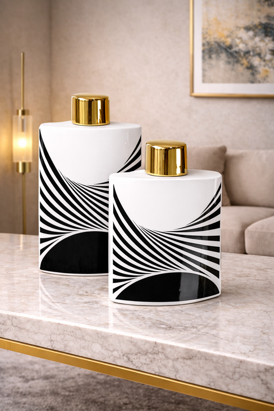Duo de Vases Graphiques – Élégance Moderne en Noir & Blanc
