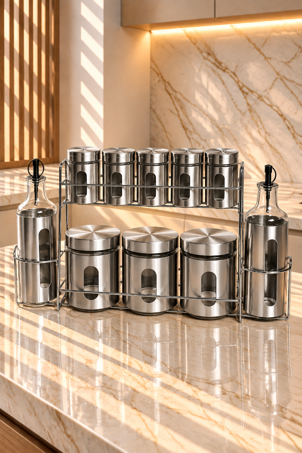 Ensemble de 10 Pièces en Acier Inoxydable avec Support Doré – Élégance et Praticité pour Votre Cuisine