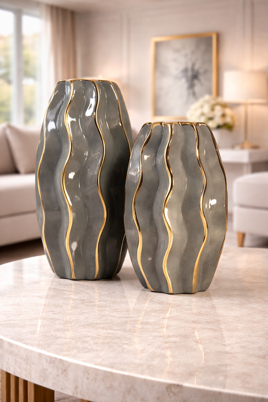 Ensemble de 2 vases en porcelaine en gris et blanc