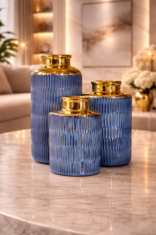 Trio de Vases Élégants – Blanc ou Bleu avec Finition Dorée