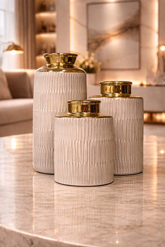 Trio de Vases Élégants – Blanc avec Finition Dorée