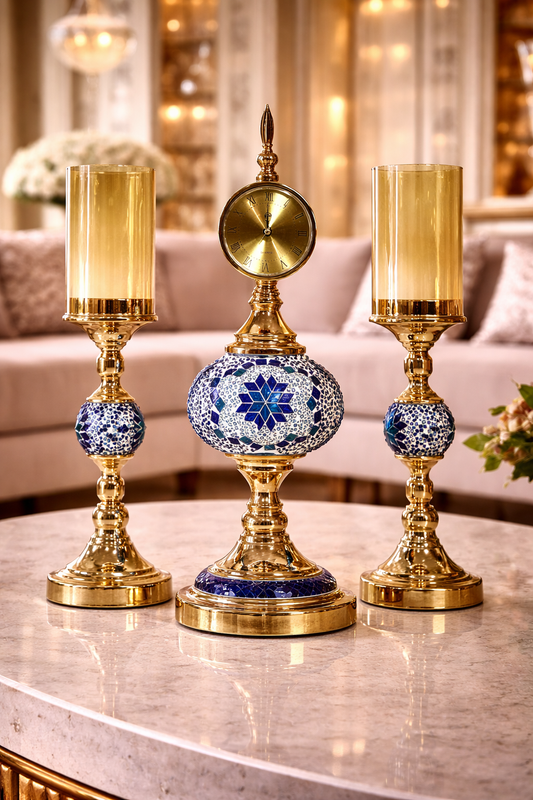 Ensemble Horloge & Bougeoirs Dorés Cristallins