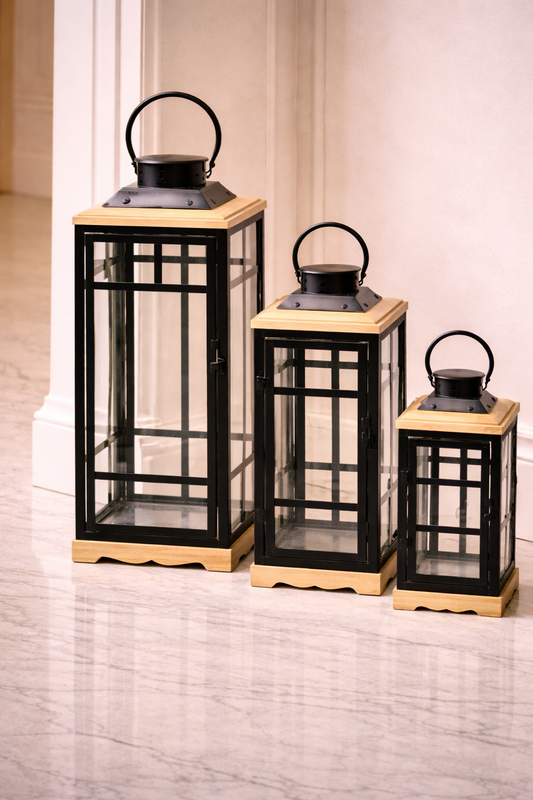 Ensemble de 3 Lanternes en Bois avec Contour en Acier Inoxydable – Différentes Tailles