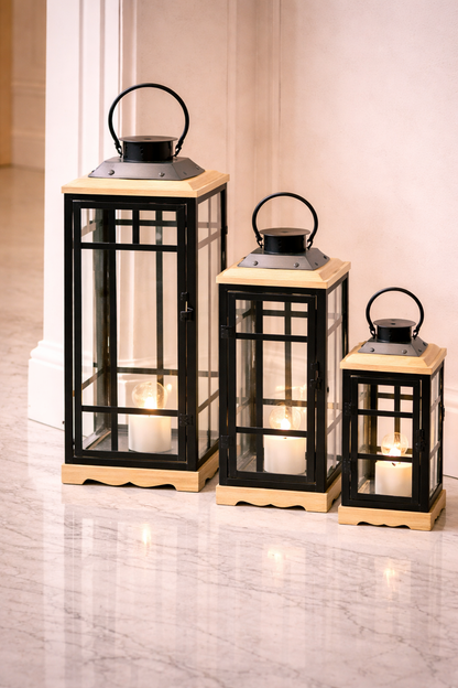 Ensemble de 3 Lanternes en Bois avec Contour en Acier Inoxydable – Différentes Tailles
