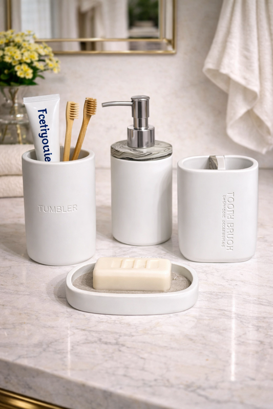 Set de Salle de Bain 4 Pièces en Blanc et Gris – Élégance et Fonctionnalité