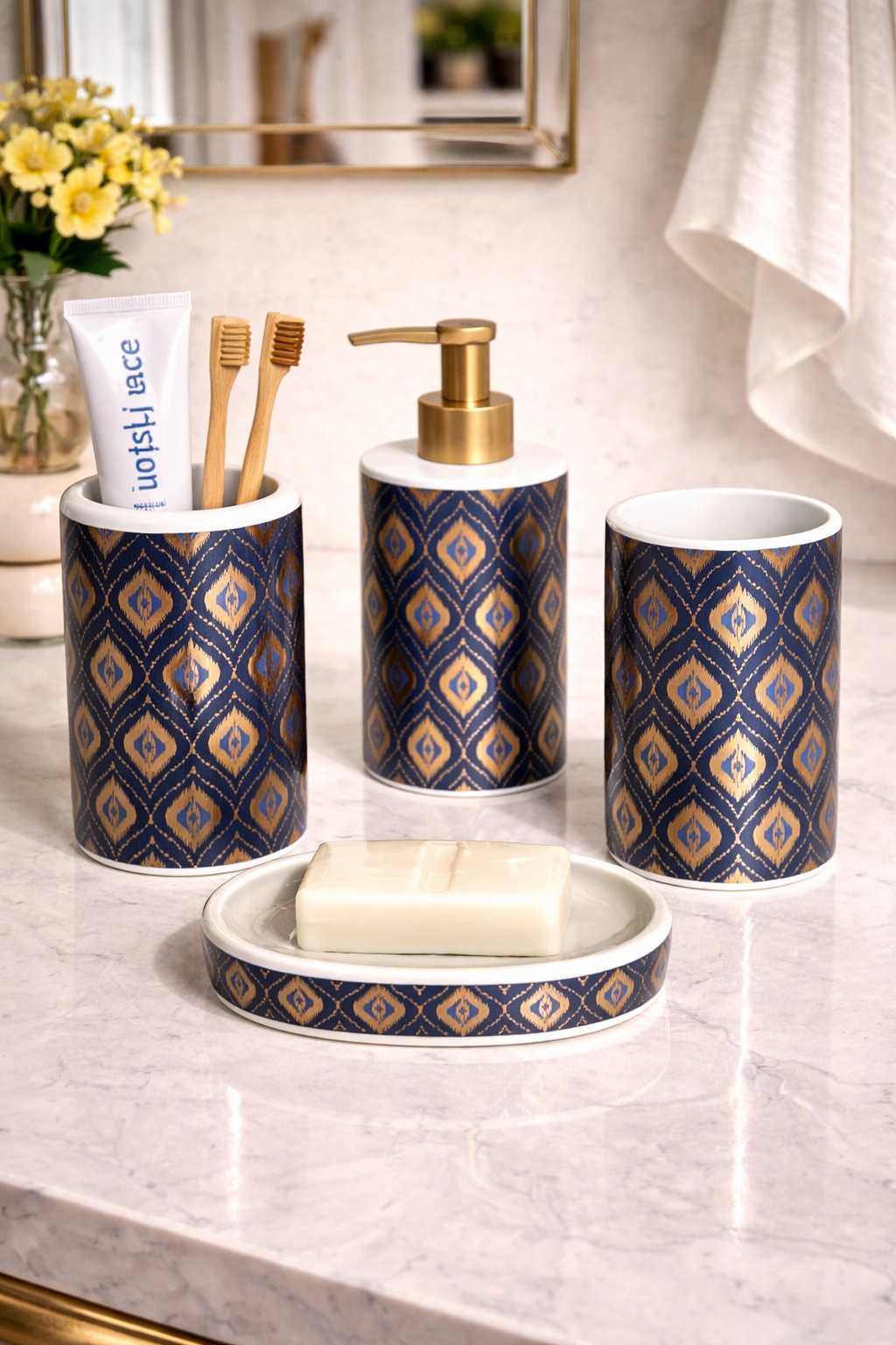 Set de Salle de Bain 4 Pièces Bleu avec Motifs Dorés – Élégance et Charme Raffiné