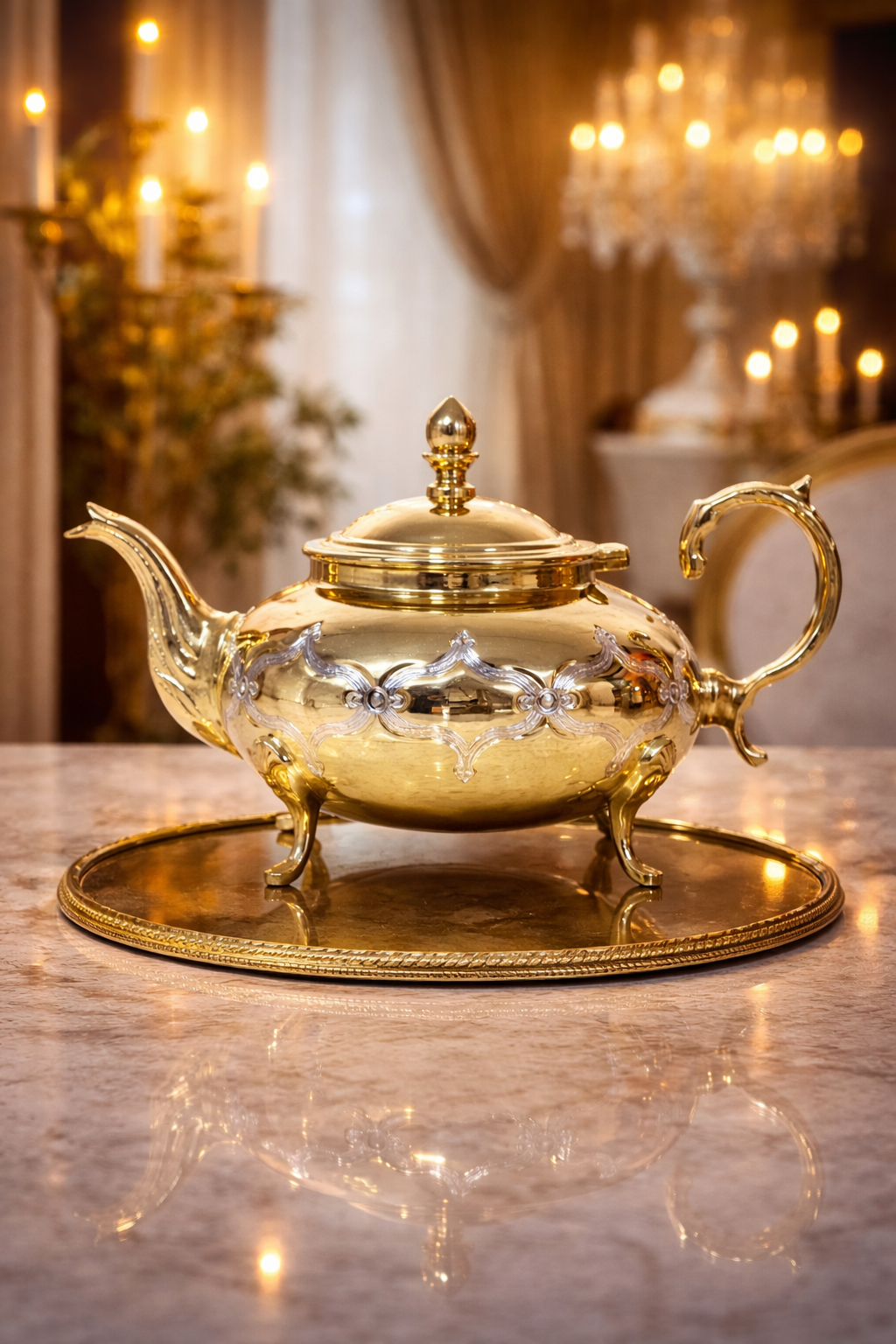 Théière orientale en cuivre plaqué or – Artisanat de luxe