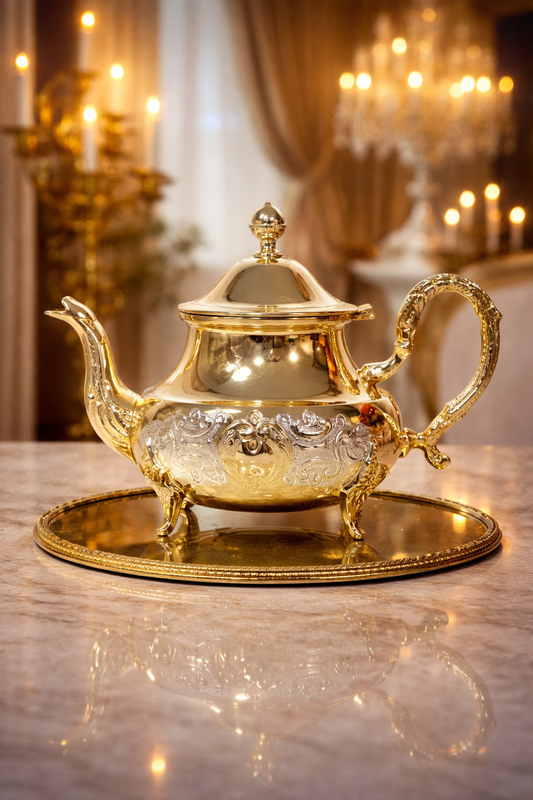 Théière orientale en cuivre plaqué or – Artisanat de luxe