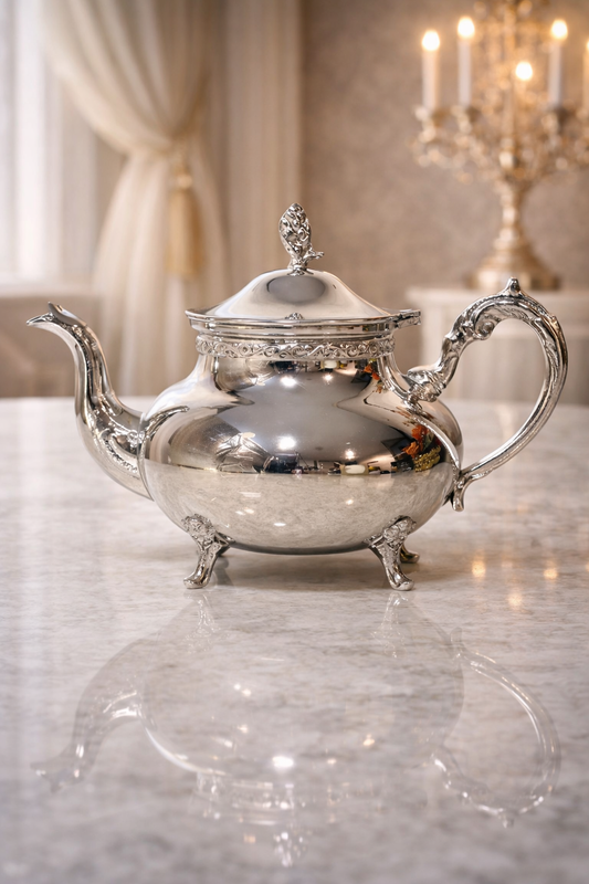 Théière argentée artisanale – Cuivre massif plaqué argent