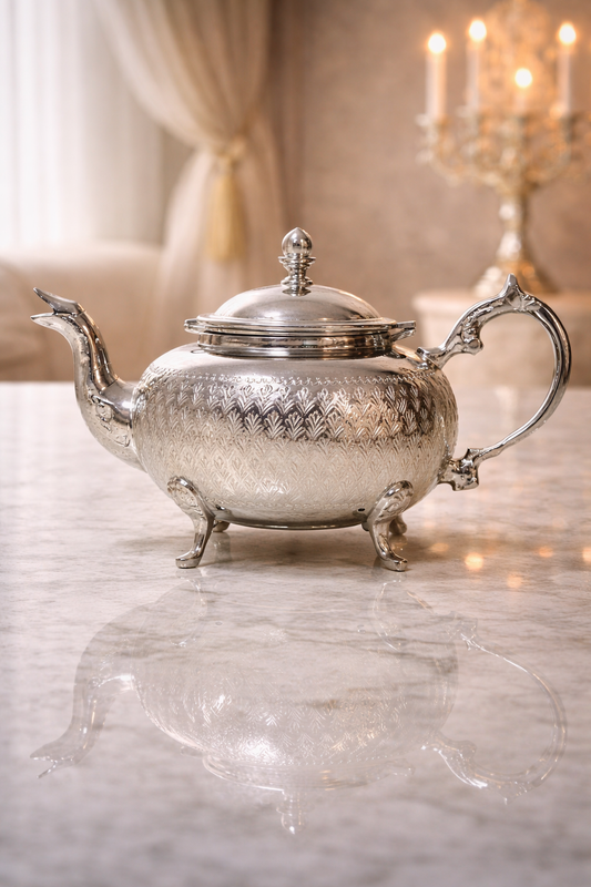 Théière argentée artisanale – Cuivre massif plaqué argent