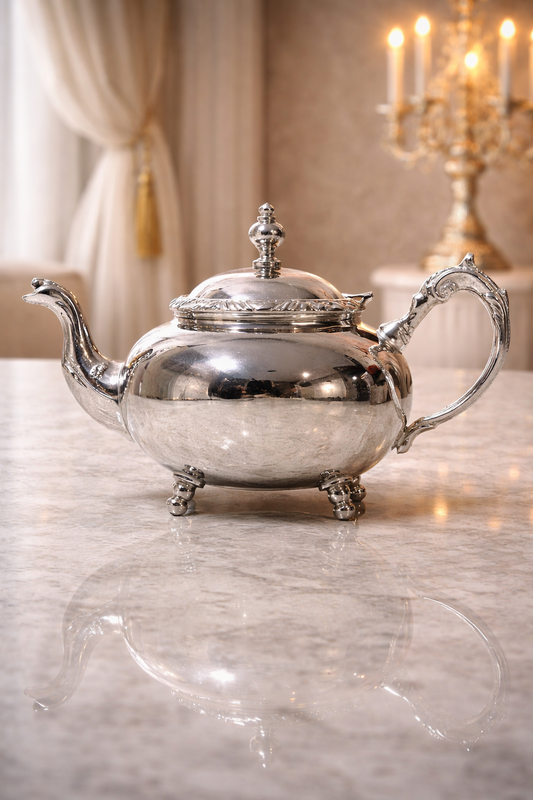 Théière argentée artisanale – Cuivre massif plaqué argent