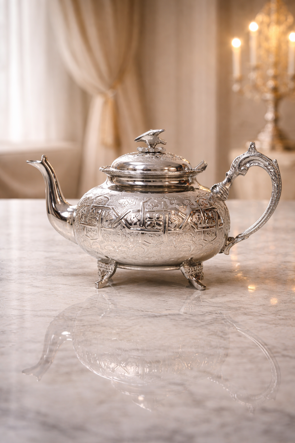 Théière argentée artisanale – Cuivre massif plaqué argent