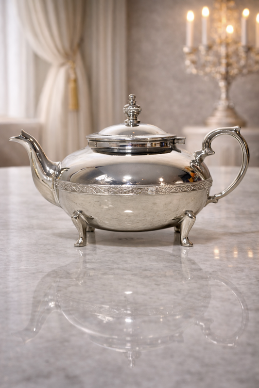 Théière de cérémonie – Cuivre plaqué argent avec motifs gravés