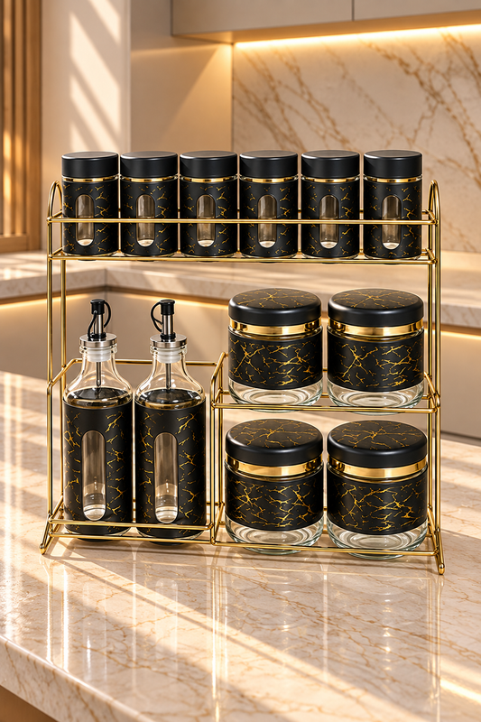 Ensemble de 12 Pièces en Noir Marbré avec Support Doré en Acier Inoxydable – Style Raffiné et Organisation Parfaite