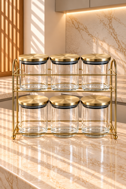 Ensemble de 6 Boîtes Épices et Céréales en Plexiglass avec Couvercles et Support en Acier Inoxydable Doré – Élégance et Organisation