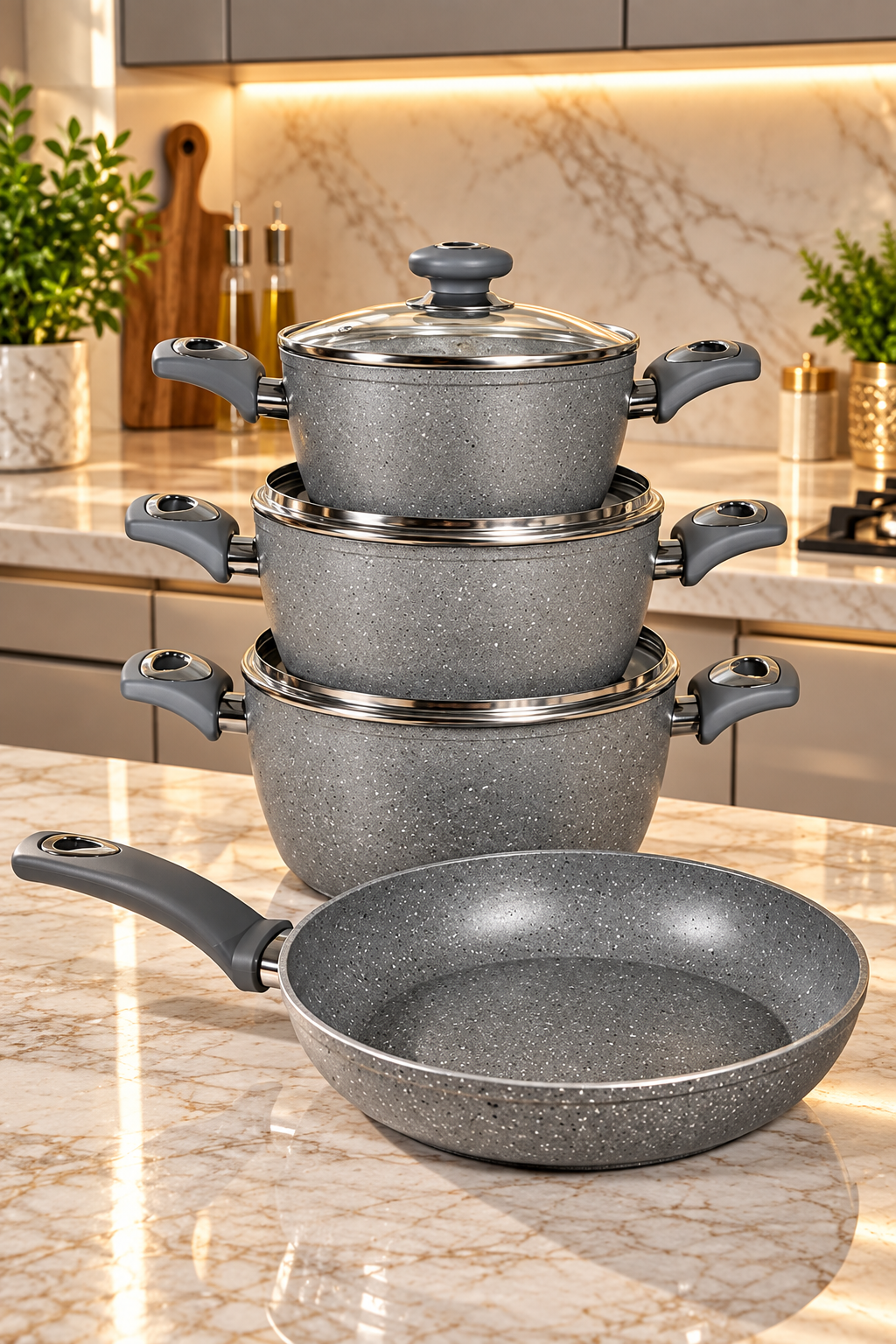 Pack Cuisine en Granit Gris – 3 Gamelles avec Couvercles et Poêle de Haute Qualité
