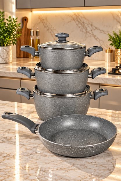 Pack Cuisine en Granit Gris – 3 Gamelles avec Couvercles et Poêle de Haute Qualité