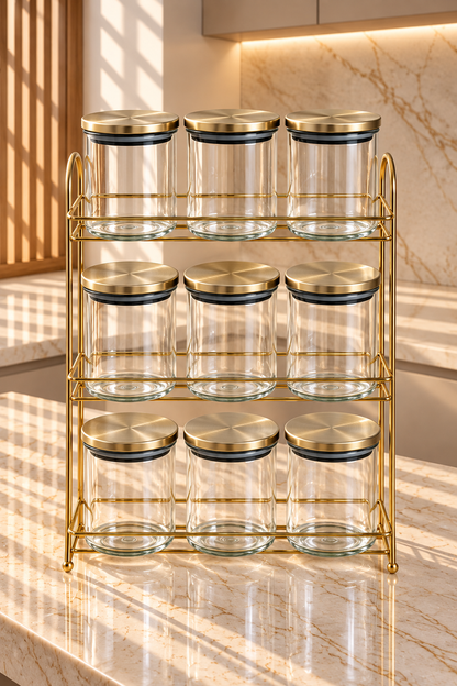 Ensemble de 9 Boîtes Épices et Céréales en Plexiglass avec Couvercles et Support en Acier Inoxydable Doré – Luxe et Rangement Parfait