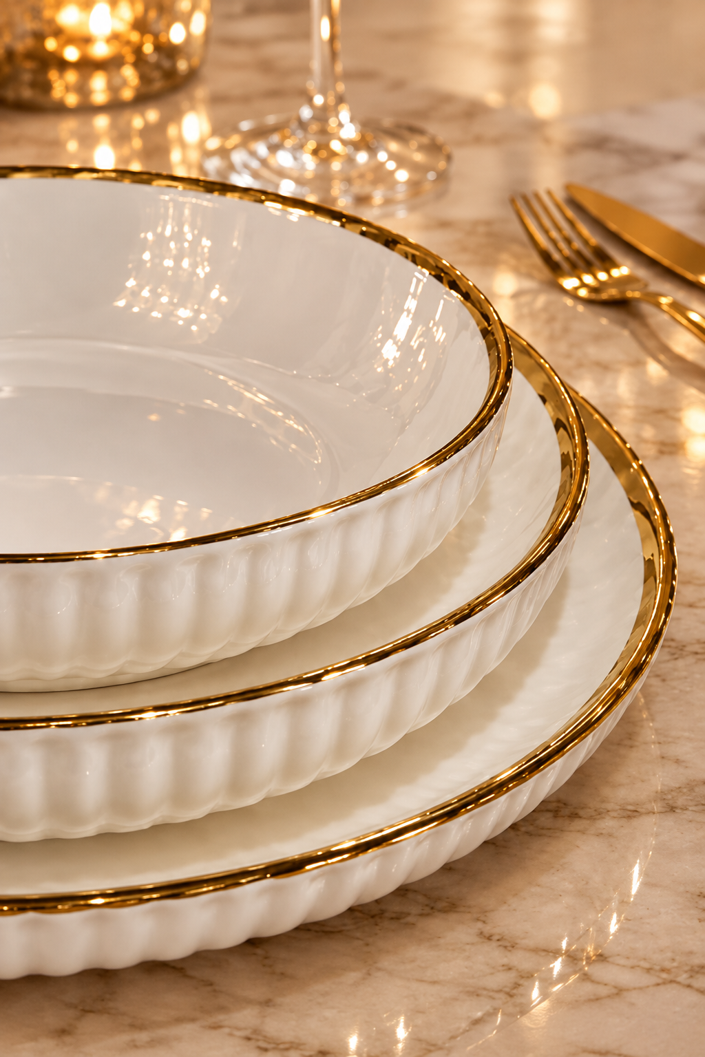Service 18 Pièces en Porcelaine Blanche Dorée pour 6 Personnes