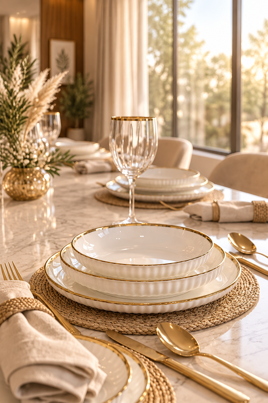 Service 18 Pièces en Porcelaine Blanche Dorée pour 6 Personnes