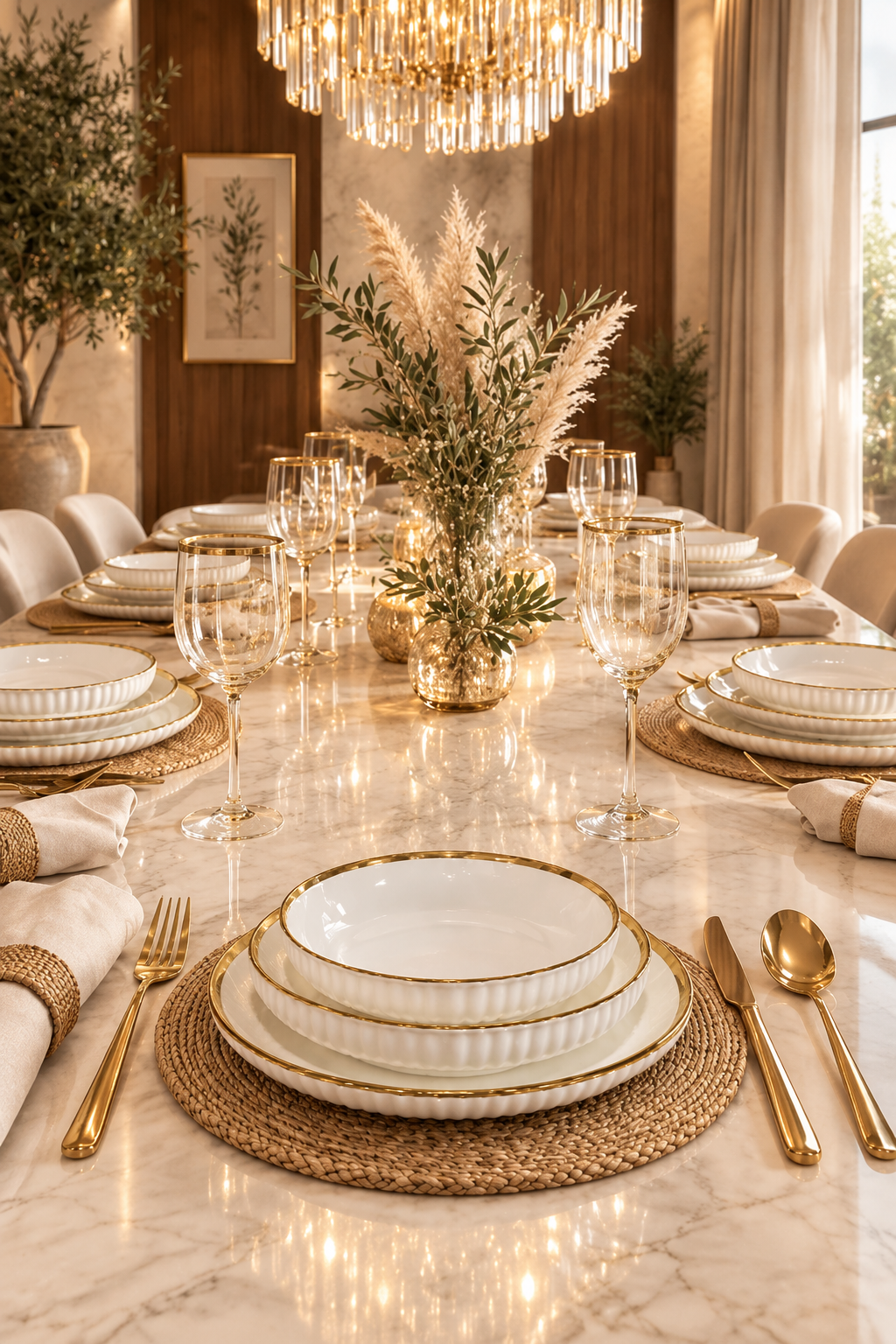 Service 18 Pièces en Porcelaine Blanche Dorée pour 6 Personnes