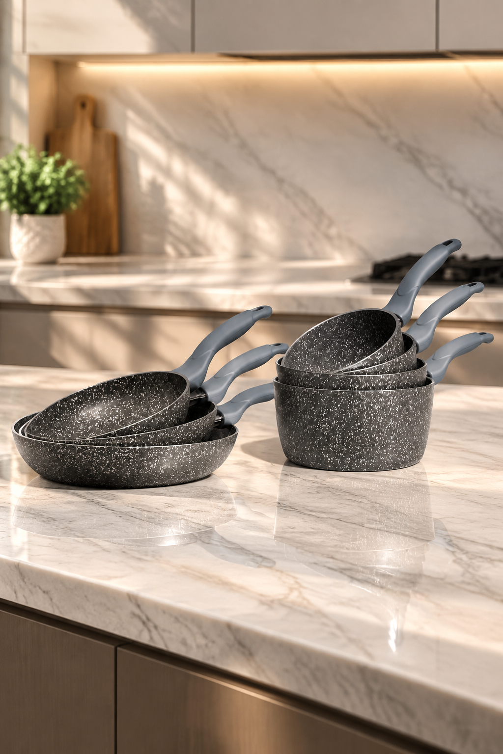 Batterie de Cuisine 6 Pièces en Granit Italien – Revêtement Premium Antiadhésif avec Fond Inox & Poignées Silicone Thermorésistantes