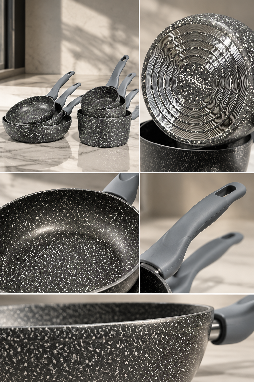 Batterie de Cuisine 6 Pièces en Granit Italien – Revêtement Premium Antiadhésif avec Fond Inox & Poignées Silicone Thermorésistantes