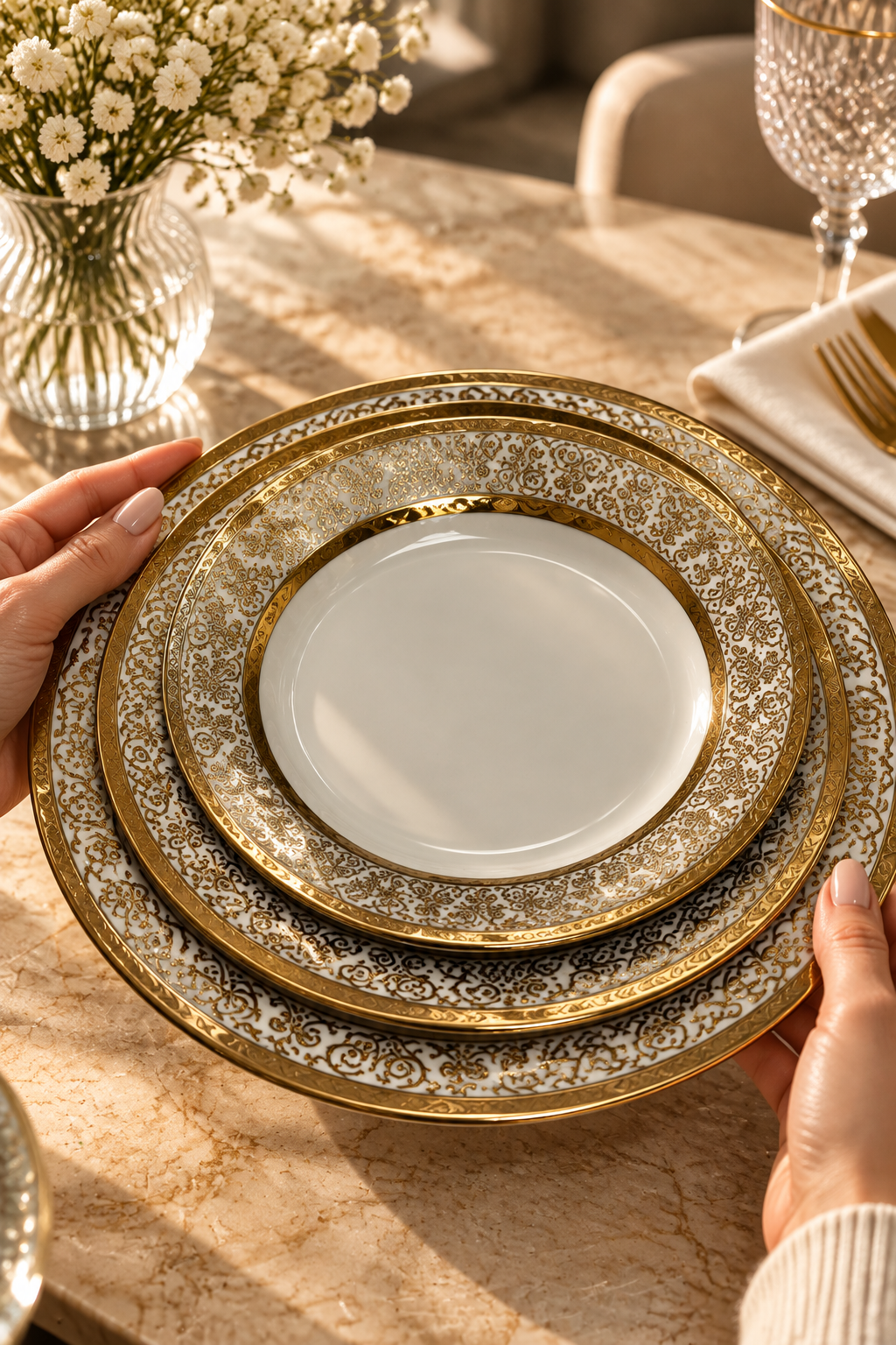 Service de Table Luxe 36 Pièces – Porcelaine Raffinée aux Détails Dorés