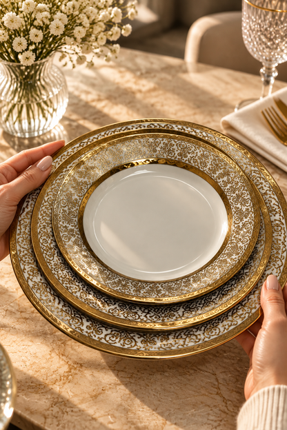 Service de Table Luxe 36 Pièces – Porcelaine Raffinée aux Détails Dorés