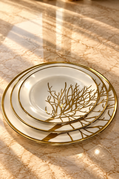 Service de 36 Pièces – Design Arbre Doré Élégant & Finition Luxe