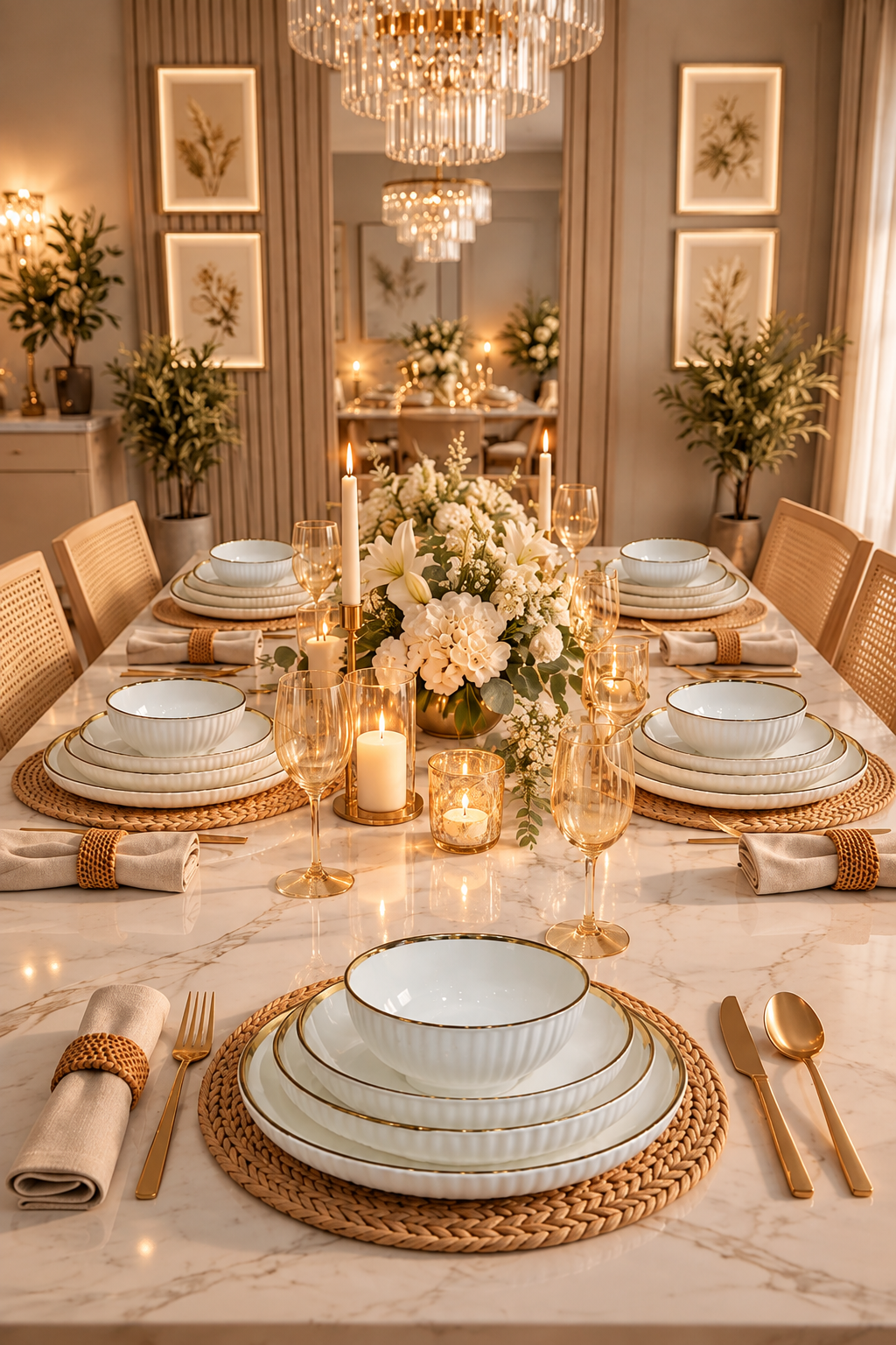 Service de Table 24 Pièces en Porcelaine Blanche avec Finition Dorée – Collection Élégance pour 6 Personnes