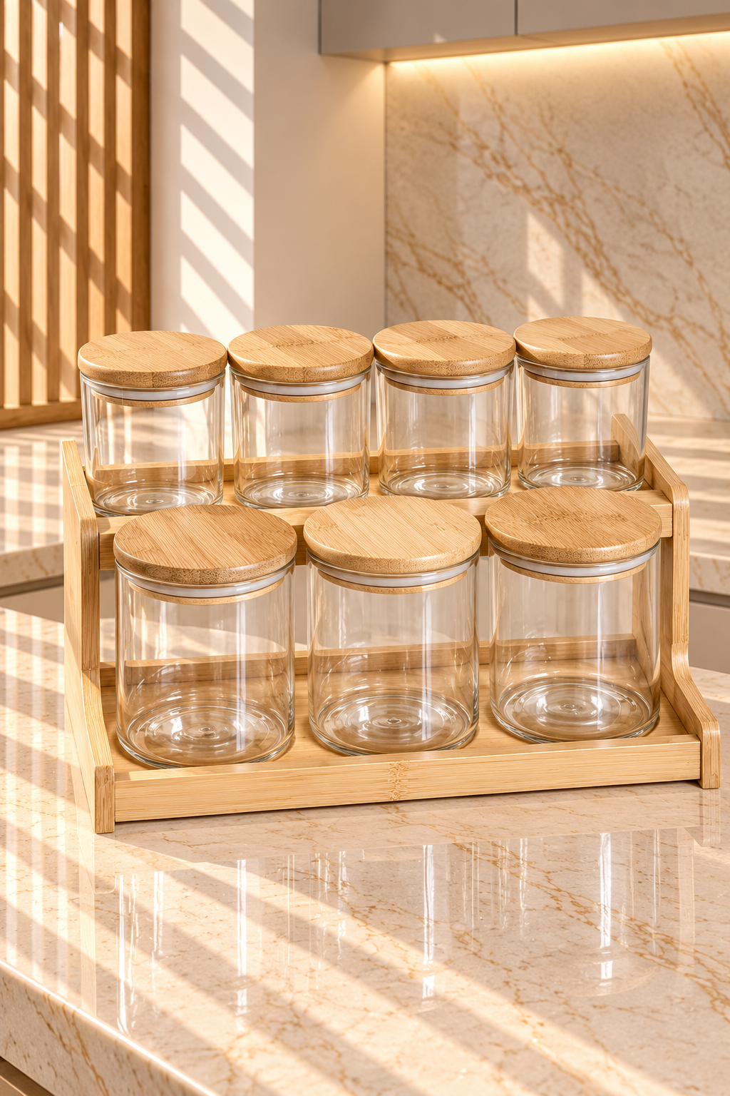 Ensemble de 7 Boîtes Épices et Céréales en Plexiglass avec Couvercles en Bois – Organisation Élégante